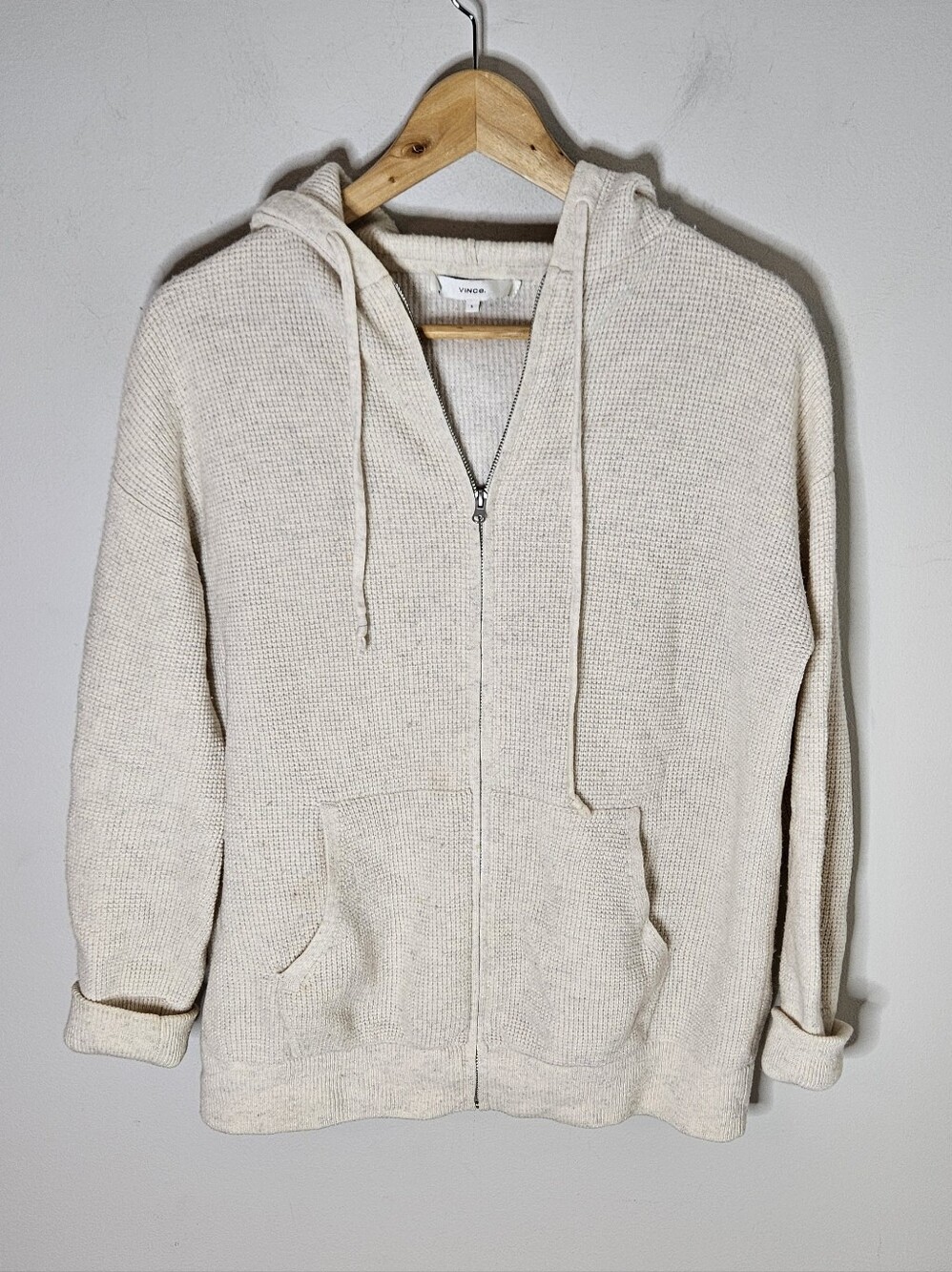 Vince Hoodie Waffle Knit Zip Front Wool Cashmere Men's Small Flaw